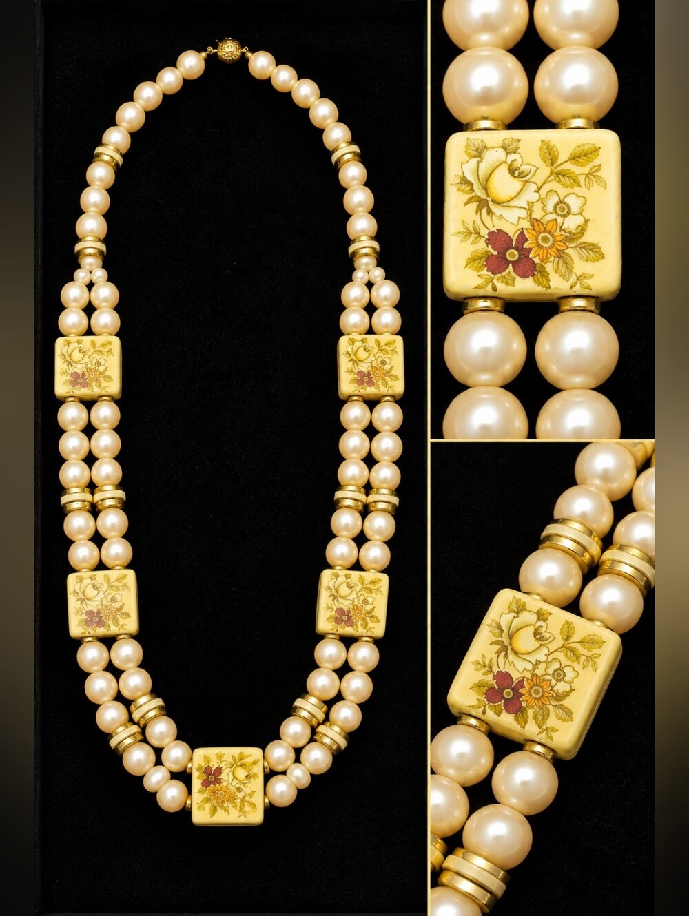 Vintage Glass Pearl Necklace Hand Painted Ceramic Floral Beads Double Strand